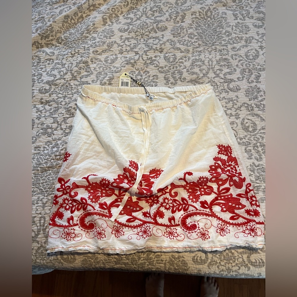 White Skirt with Red Floral Embroidery